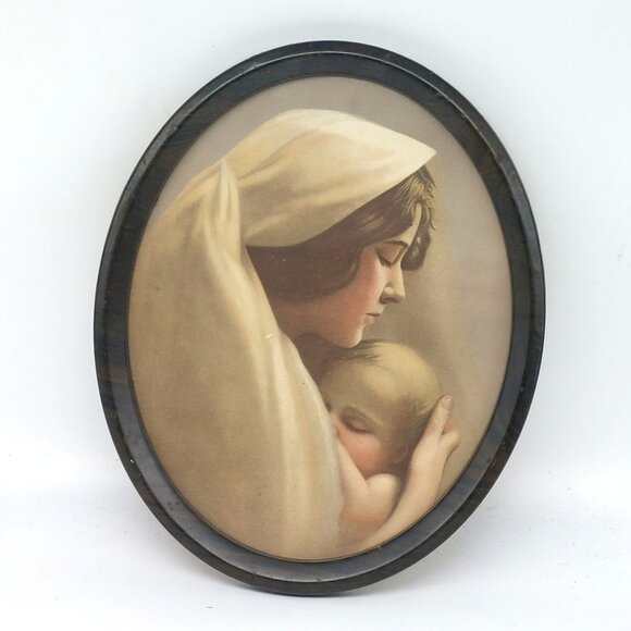 Antique Madonna and Child Print 1900 William H Partridge Art in Metal Oval Frame